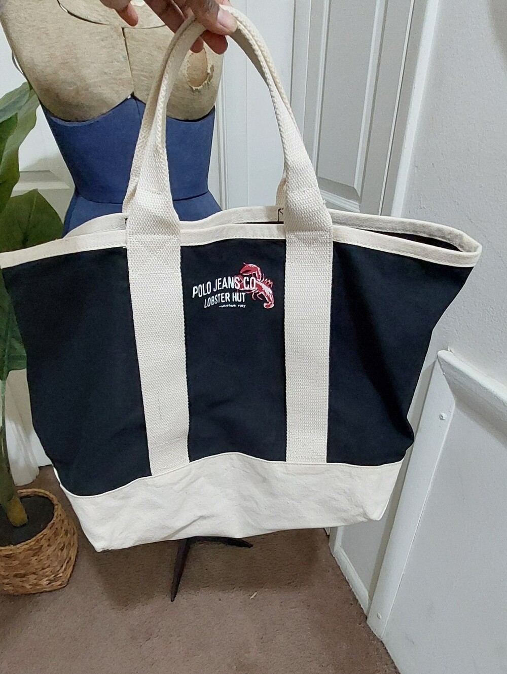 Polo Ralph Lauren Large Black & Cream Canvas Beach Tote/Shopping Bag